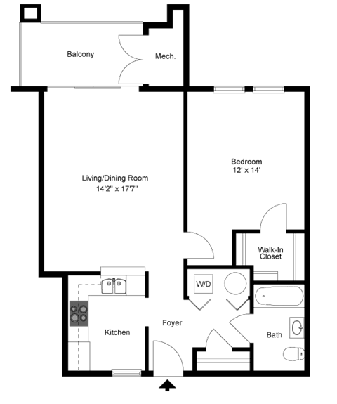 Floor plan for 1 bed, 1 bath